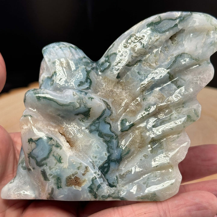 Moss Agate Druzy Angel Carving