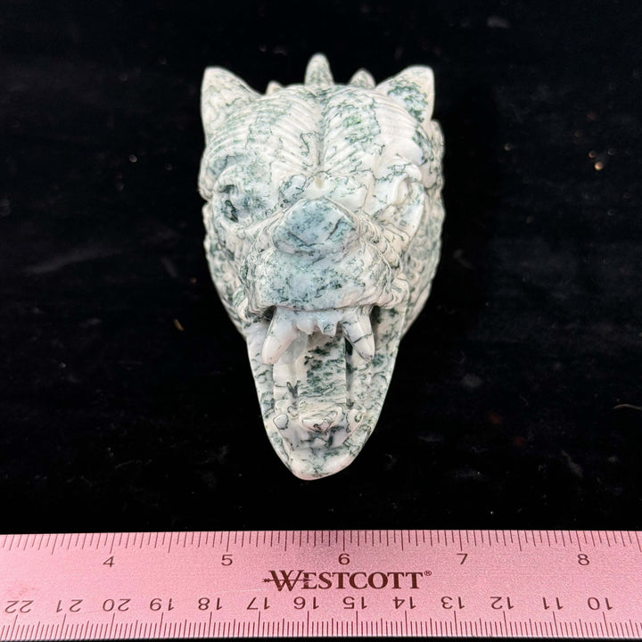 Moss Agate Wolf Head Carving