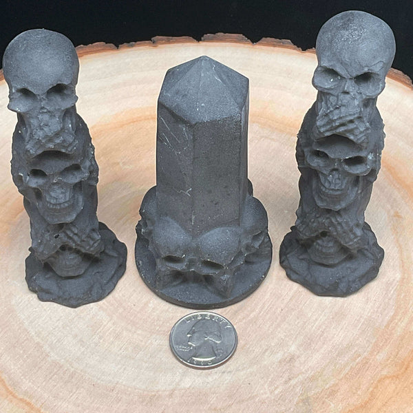 Carving - Black Obsidian Speak/Hear/See No Evil with Obelisk
