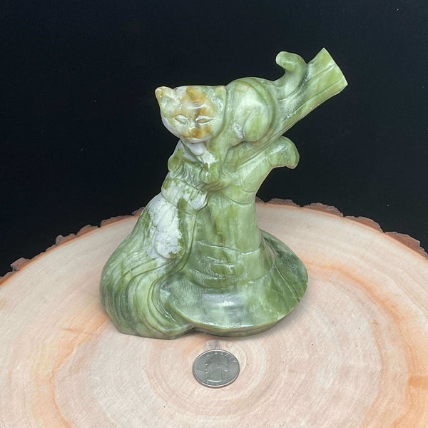Carving - Xiuyan Jade Cat on Broom and Witches Hat