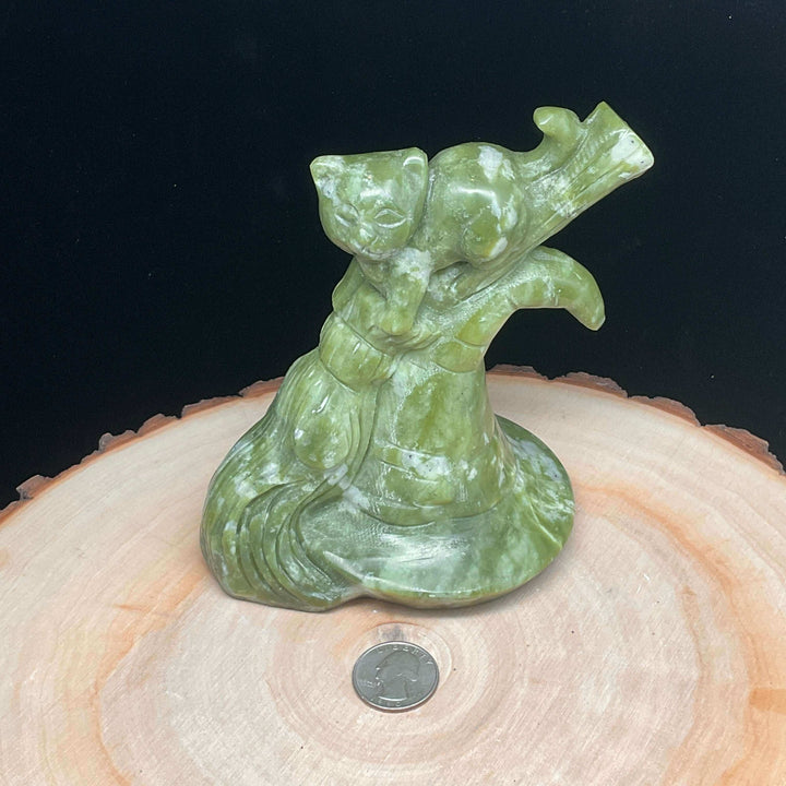Carving - Xiuyan Jade Cat on Broom and Witches Hat