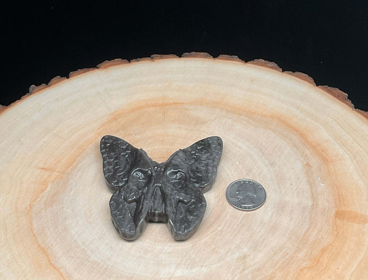 Carving - Silver Sheen Black Obsidian Skull Butterfly - 3"