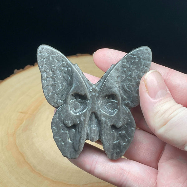 Carving - Silver Sheen Black Obsidian Skull Butterfly - 3"