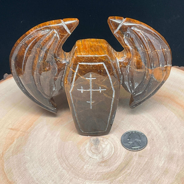 Carving - Tigers Eye Coffin with Wings - 4 inch