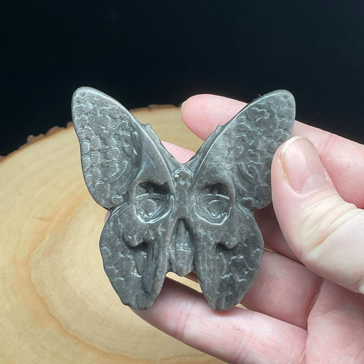 Carving - Silver Sheen Black Obsidian Skull Butterfly - 3"