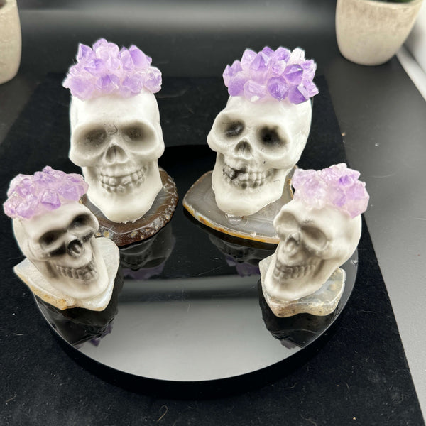 Amethyst Topped Skull on Agate Slice Halloween Decoration