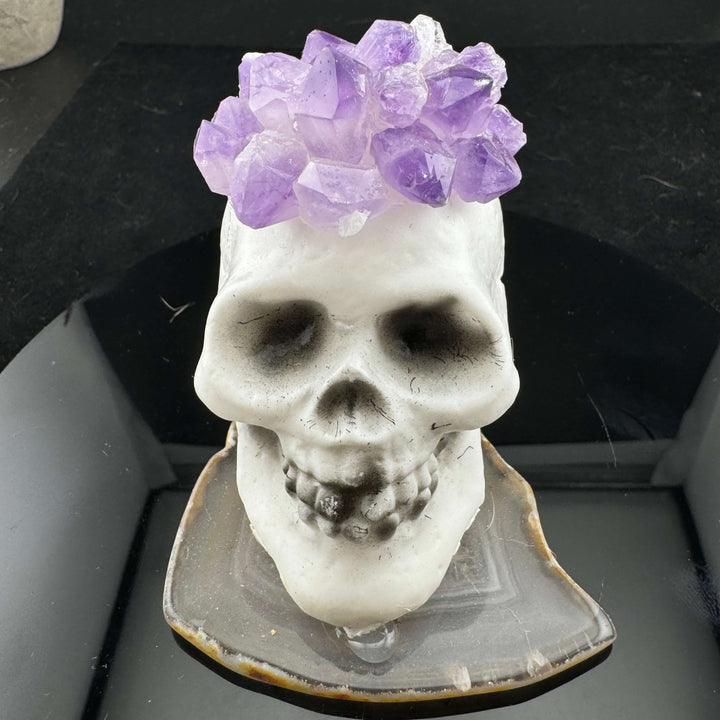 Amethyst Topped Skull on Agate Slice Halloween Decoration