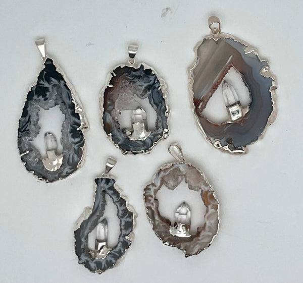 Agate with Quartz Silver Pendant