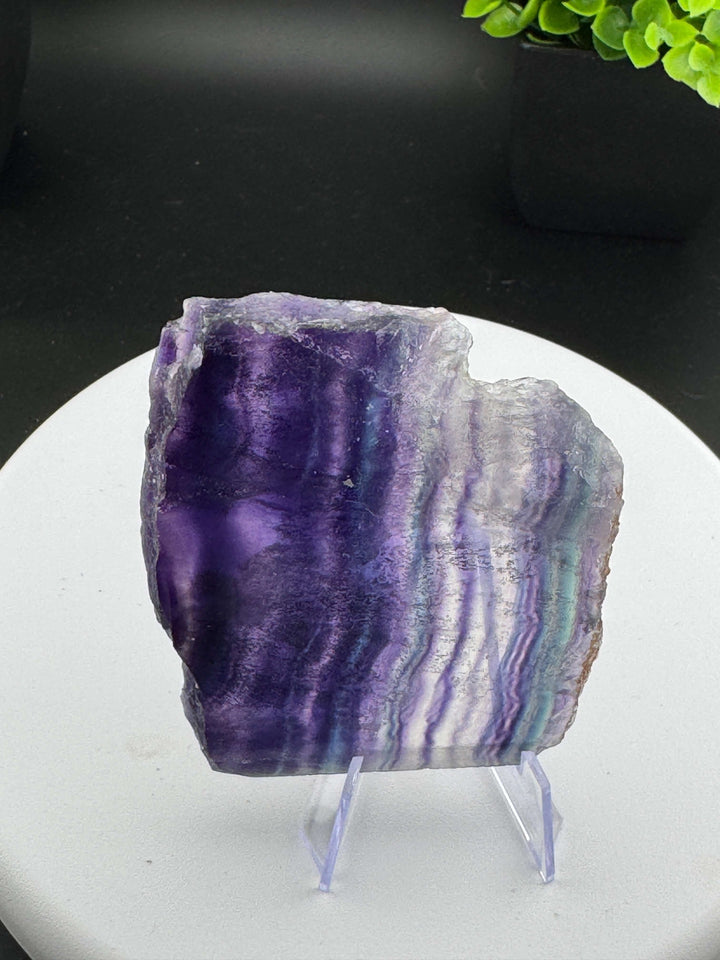 Beautiful mix of Rainbow Fluorite slabs from China. Wonderful mix of purples, blues, teals, and other colors in between! Some pieces have natural crack line formations. Some slabs have a varying thickness, as specified below. A) 4in x 2.5in x 9mm B) 3.25i