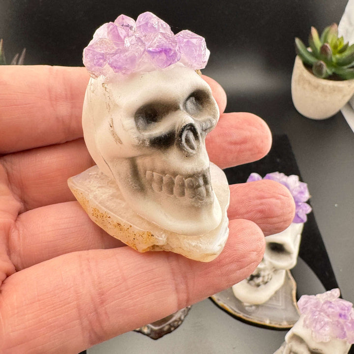 Amethyst Topped Skull on Agate Slice Halloween Decoration