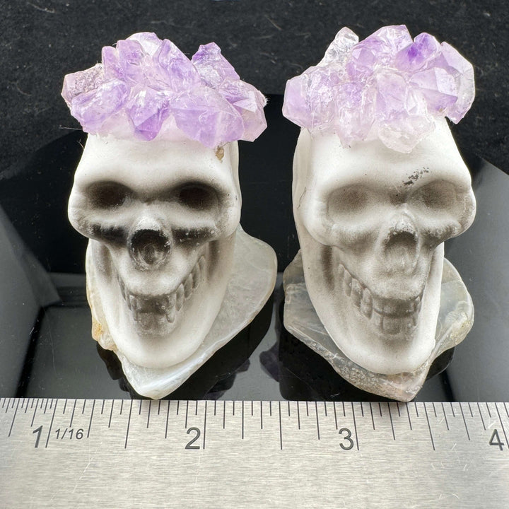 Amethyst Topped Skull on Agate Slice Halloween Decoration