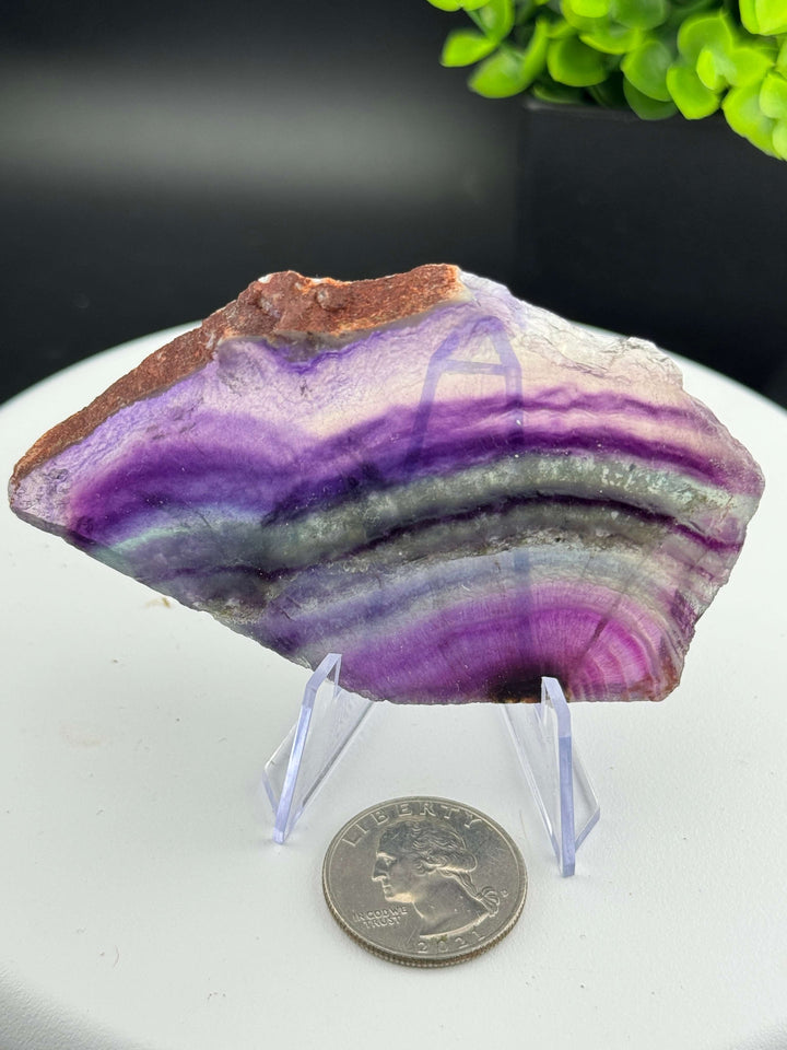 Beautiful mix of Rainbow Fluorite slabs from China. Wonderful mix of purples, blues, teals, and other colors in between! Some pieces have natural crack line formations. Some slabs have a varying thickness, as specified below. A) 4in x 2.5in x 9mm B) 3.25i