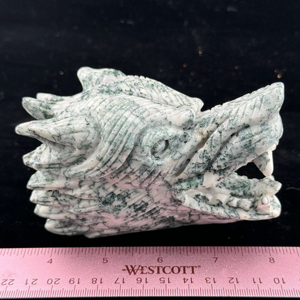Moss Agate Wolf Head Carving