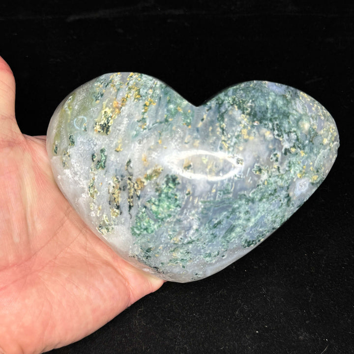 Moss Agate Druzy Heart Carving w/ Stand