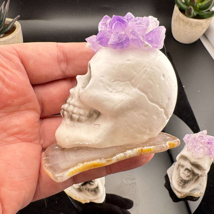 Amethyst Topped Skull on Agate Slice Halloween Decoration