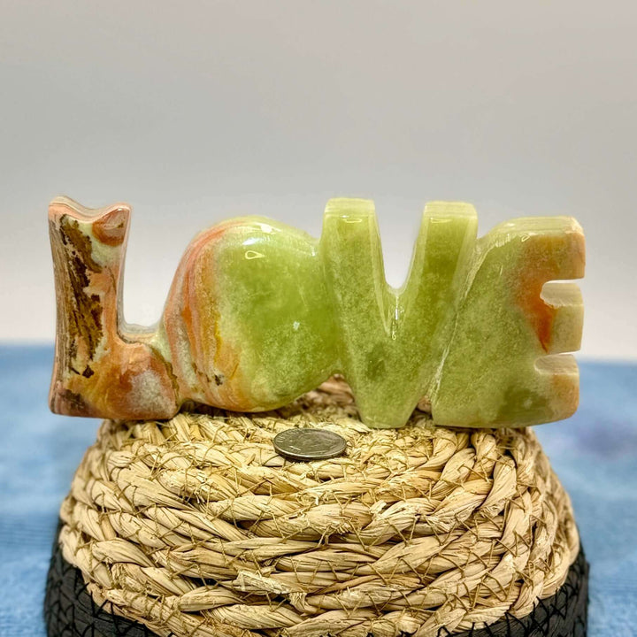 Banded Green Calcite “Love” Display Carving