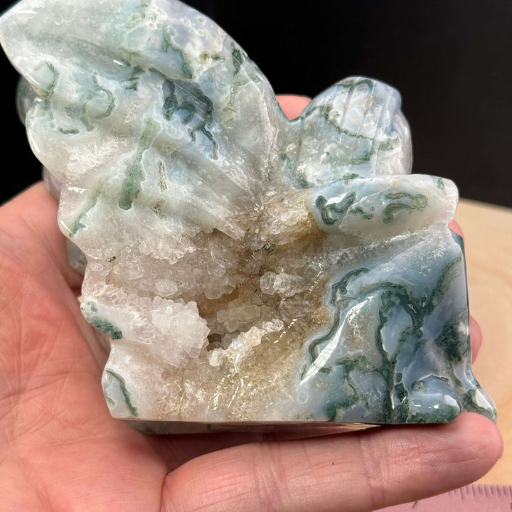 Moss Agate Druzy Angel Carving