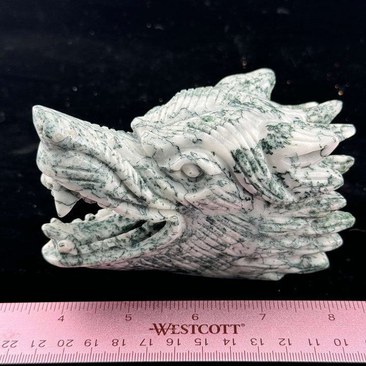 Moss Agate Wolf Head Carving