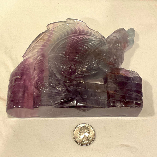 Purple and Green Fluorite Dragon on Wall Carving