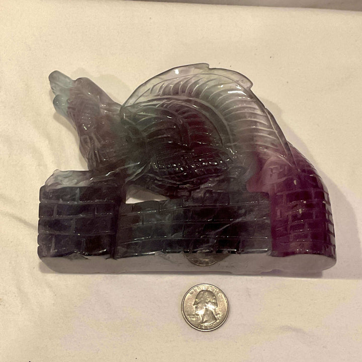 Purple and Green Fluorite Dragon on Wall Carving