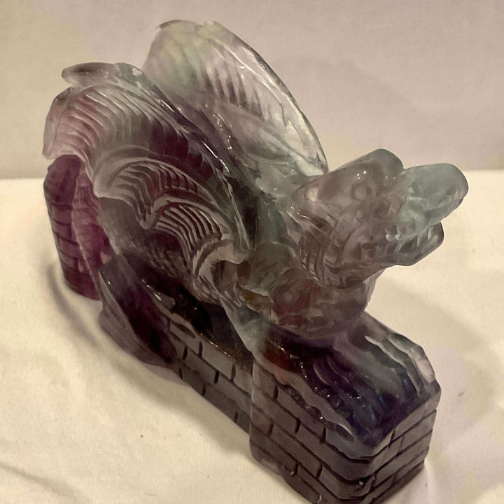 Purple and Green Fluorite Dragon on Wall Carving