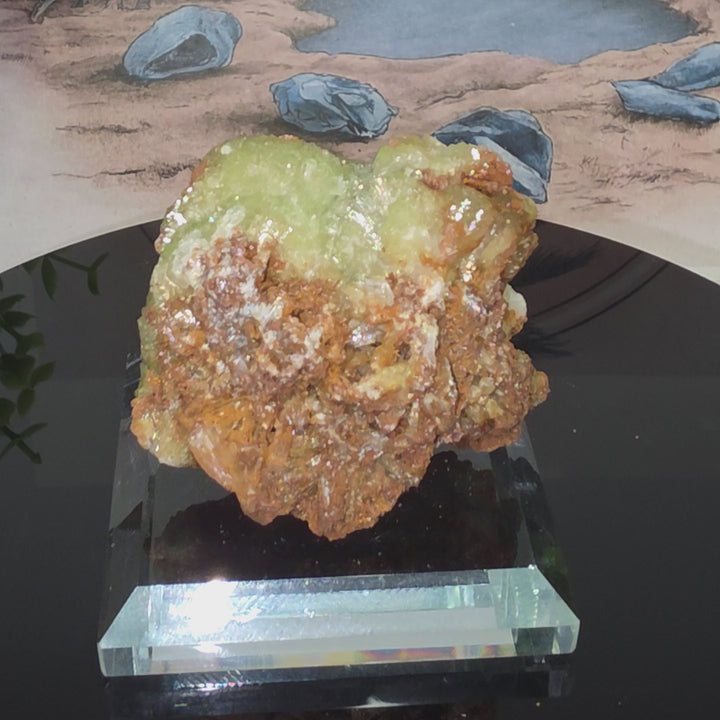 Vibrant Adamite Specimen from Ojuéla Mine exhibiting glowing green crystal formations.