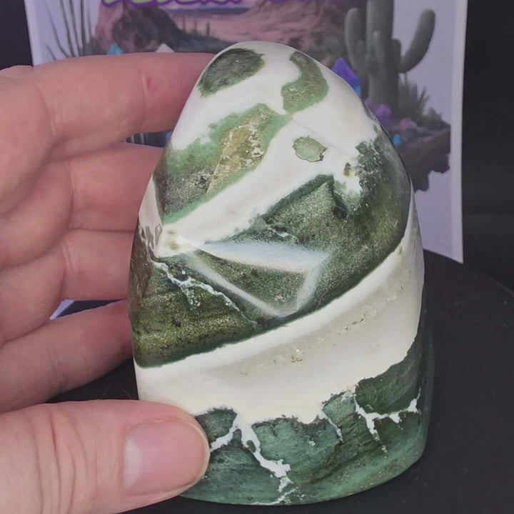 Polished Green Zebra Jasper freeform stone with green, gray, and white patterns, held by a hand.