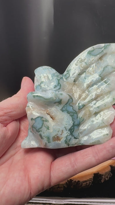 Moss Agate Druzy Angel Carving