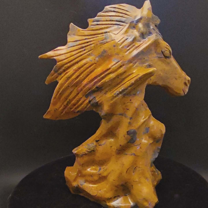Mountain Jasper horse carving, 7 inches tall, showcasing rich browns and black patterns in stone, elegant design.