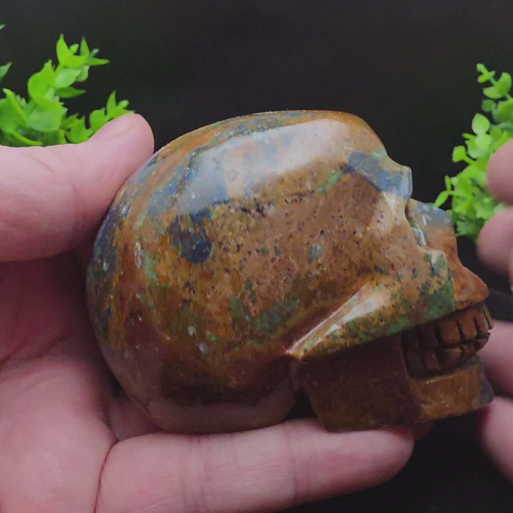 Azurite Malachite Skull Carving - 3.75in