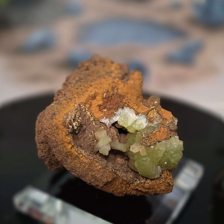 Vibrant Adamite Specimen from Ojuéla Mine exhibiting glowing green crystal formations.