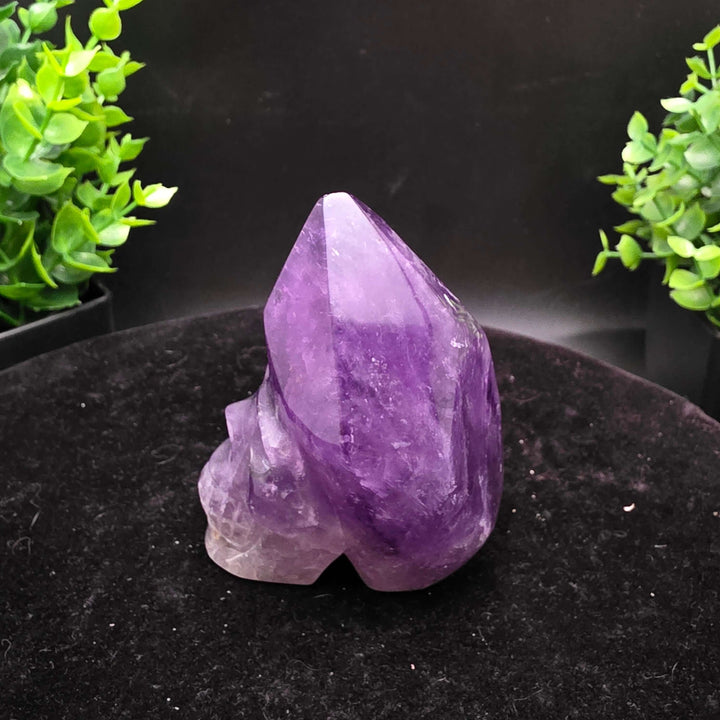 Amethyst Hand Carved Crystal Skull Wand Point Sculpture - 2.5 Inch displayed with two carved skulls and crystal points.