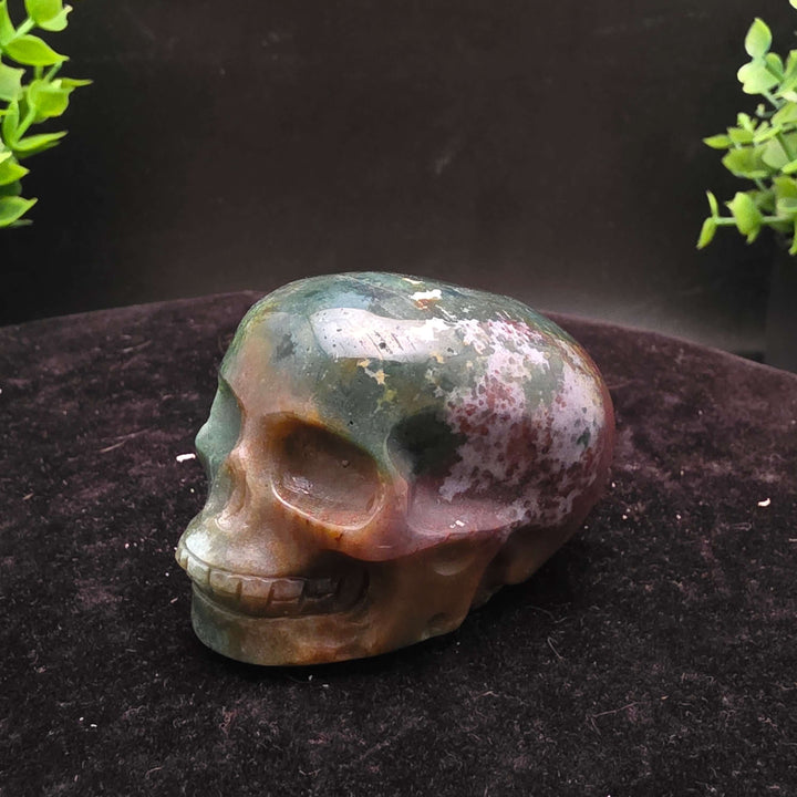  Orbicular Jasper Skull Carving - 2.25 Inch showcasing unique colors and textures on a dark background.