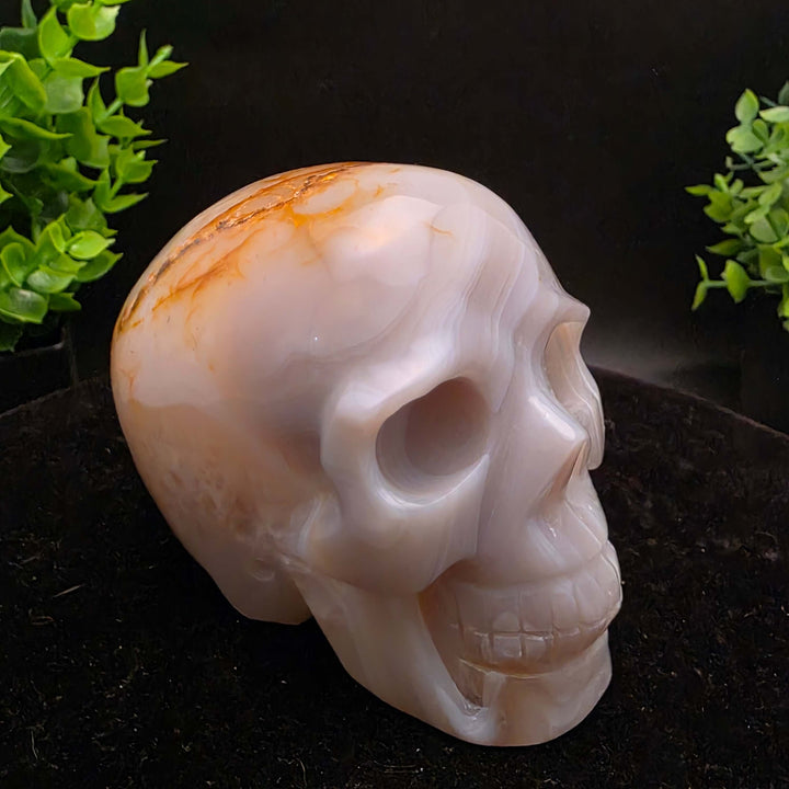 White Banded Agate Skull Carving - 3.5 Inch, hand-carved with distinct geological patterns and unique natural bands.
