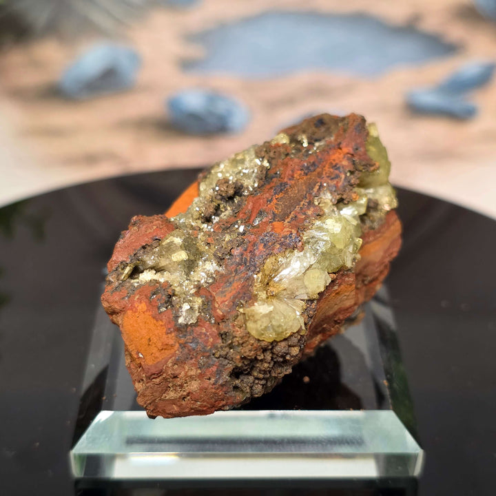 Adamite Specimen: Ojuéla Mine Collector’s Crystal showcasing sharp habit and vibrant colors on display.