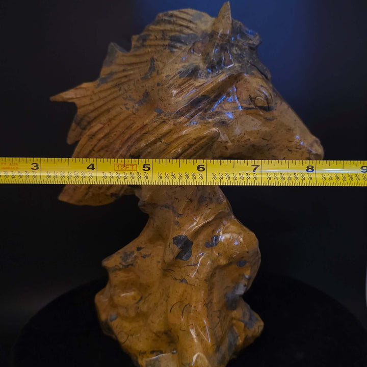 Mountain Jasper horse carving, 7 inches tall, showcasing rich browns and black patterns in stone, elegant design.
