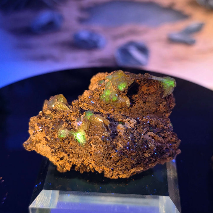 Vibrant Adamite Specimen from Ojuéla Mine exhibiting glowing green crystal formations.