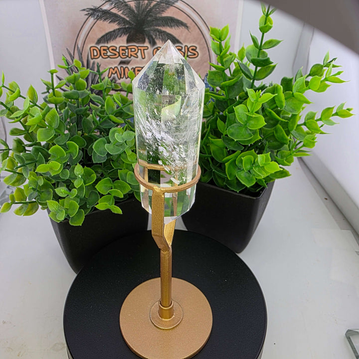 Polished Faceted Clear Quartz Crystal with Stand displayed among greenery.