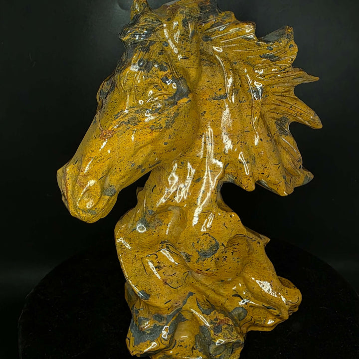 Mountain Jasper horse carving, 7 inches tall, showcasing rich browns and black patterns in stone, elegant design.