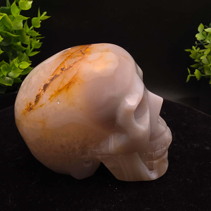 White Banded Agate Skull Carving - 3.5 Inch, hand-carved with distinct geological patterns and unique natural bands.
