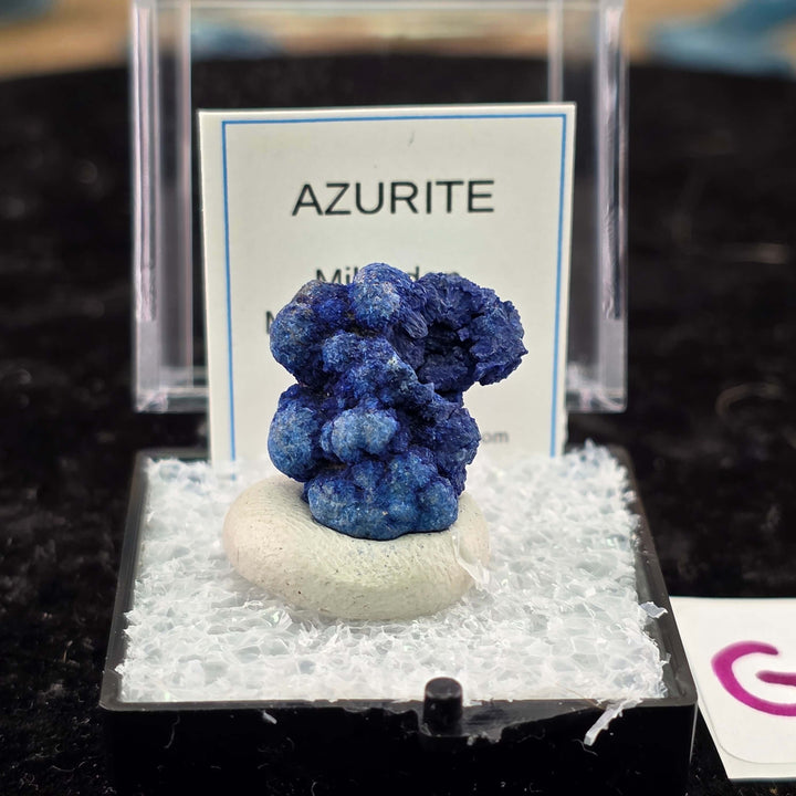 We're thrilled to offer a new selection of Azurite specimens, each mounted within an acrylic "Perky" display box for optimal protection and viewing. These exceptional pieces originate from the renowned Mibladen mining district in Morocco, an area well-kno