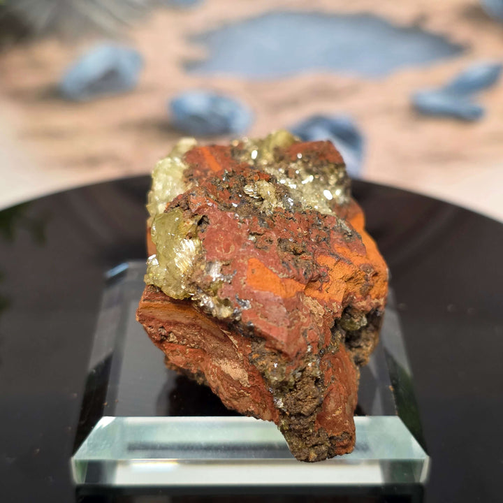 Adamite Specimen: Ojuéla Mine Collector’s Crystal showcasing sharp habit and vibrant colors on display.
