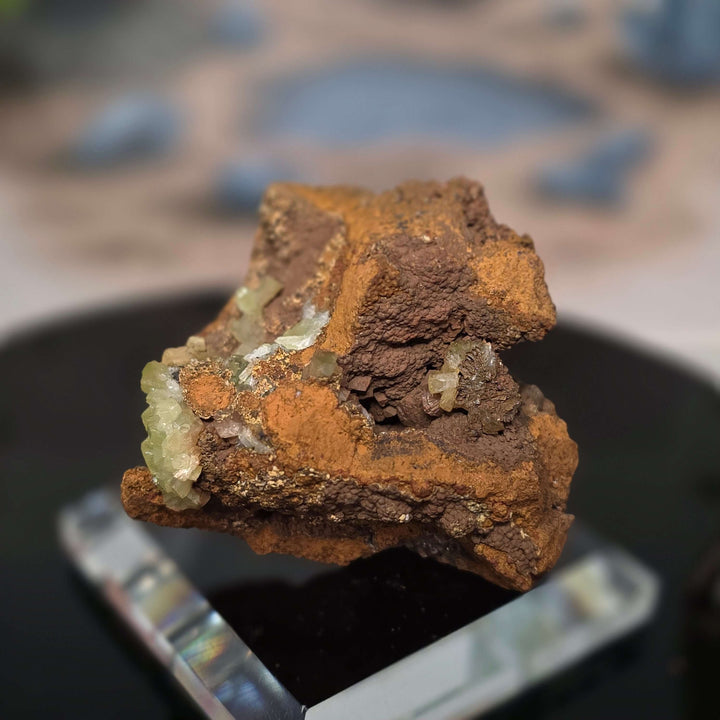 Vibrant Adamite Specimen from Ojuéla Mine exhibiting glowing green crystal formations.