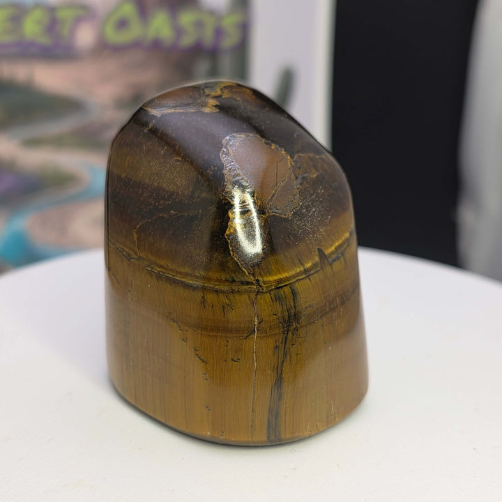 Polished Tiger's Eye freeform showcasing rich golden hues and shimmering chatoyancy on a display table.