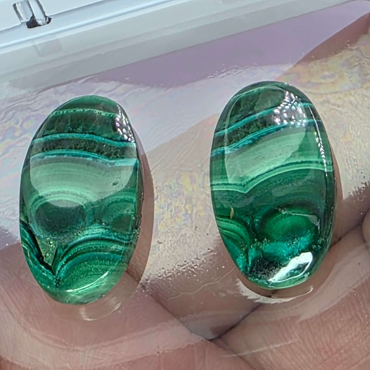 Bring the vibrant energy of nature into your home, or your next creative project, with our stunning Malachite Cabochon Pairs. Each pair features beautifully polished malachite, showcasing its unique swirling patterns, elegantly presented in a crisp white