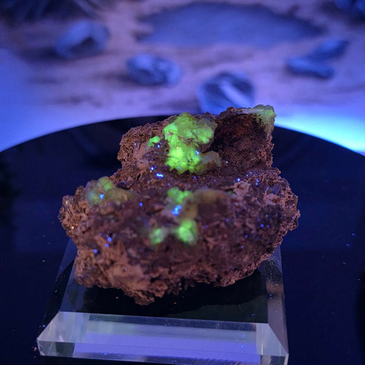 Vibrant Adamite Specimen from Ojuéla Mine exhibiting glowing green crystal formations.