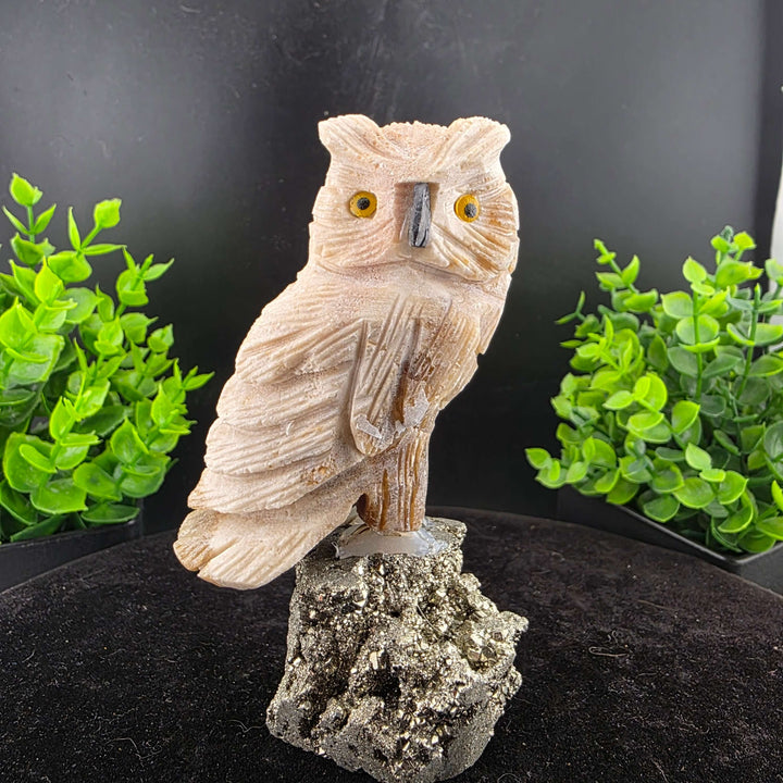 Owl Carving on Pyrite cluster