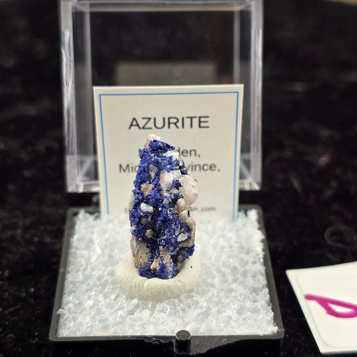 We're thrilled to offer a new selection of Azurite specimens, each mounted within an acrylic "Perky" display box for optimal protection and viewing. These exceptional pieces originate from the renowned Mibladen mining district in Morocco, an area well-kno