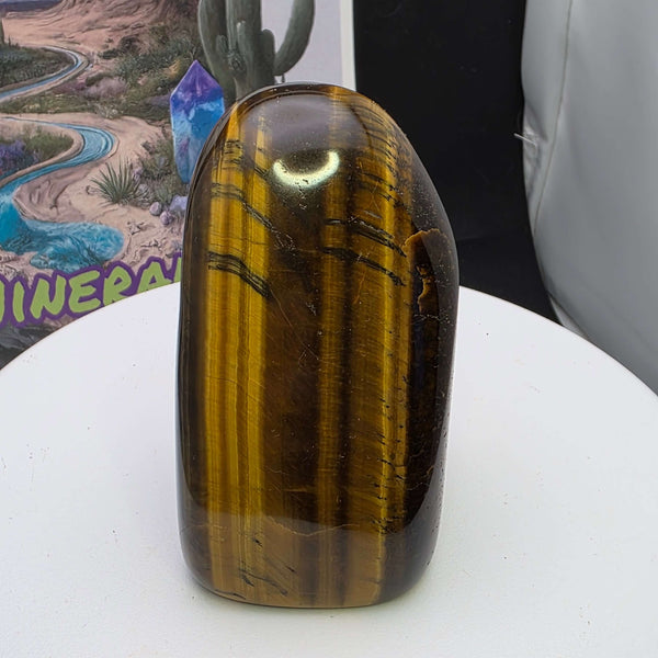 Polished Tiger's Eye freeform showcasing golden color and stunning chatoyancy, ideal for home decor and crystal enthusiasts.