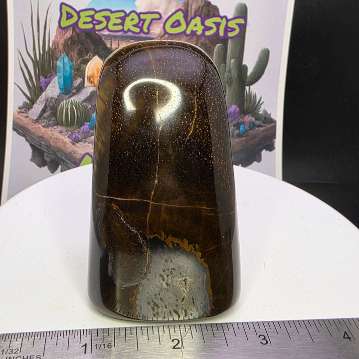 Polished Tiger's Eye freeform showing golden chatoyancy and smooth finish against a desert-themed backdrop.